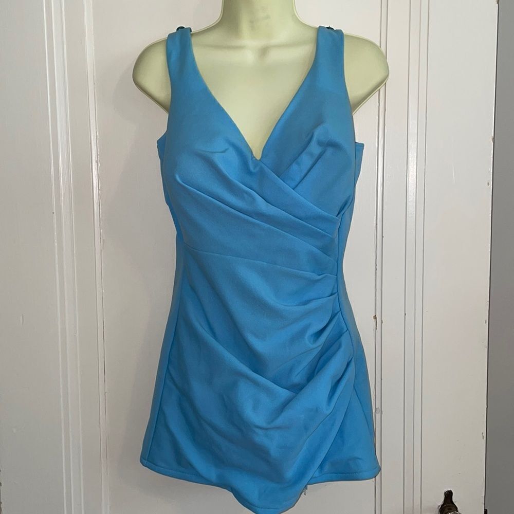 Vtg 60s‎ Catalina light blue polyester knit ruched front one piece swimsuit